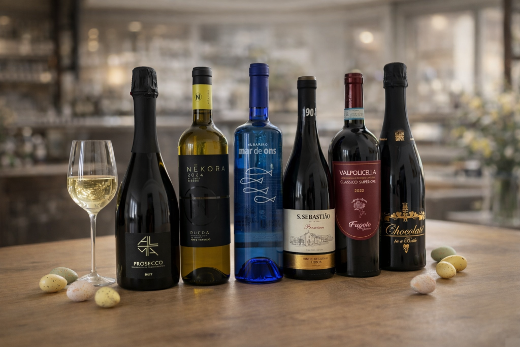 Paasweekend wijnpakket met zes wijnen en glas witte wijn op paastafel