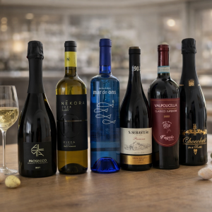 Paasweekend wijnpakket met zes wijnen en glas witte wijn op paastafel