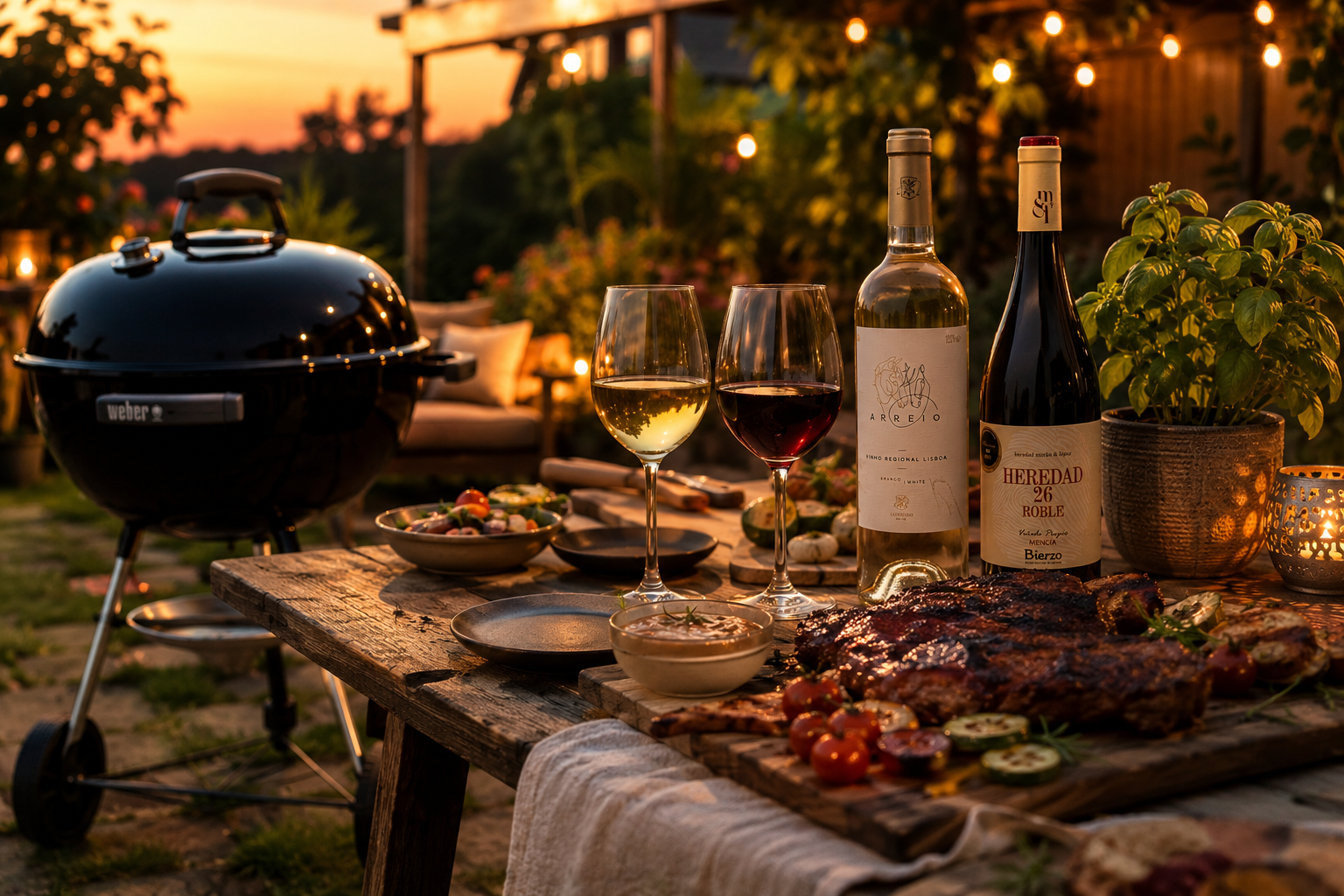 BBQ avond met ronde barbecue, gegrild vlees en witte en rode wijn op een zomers terras